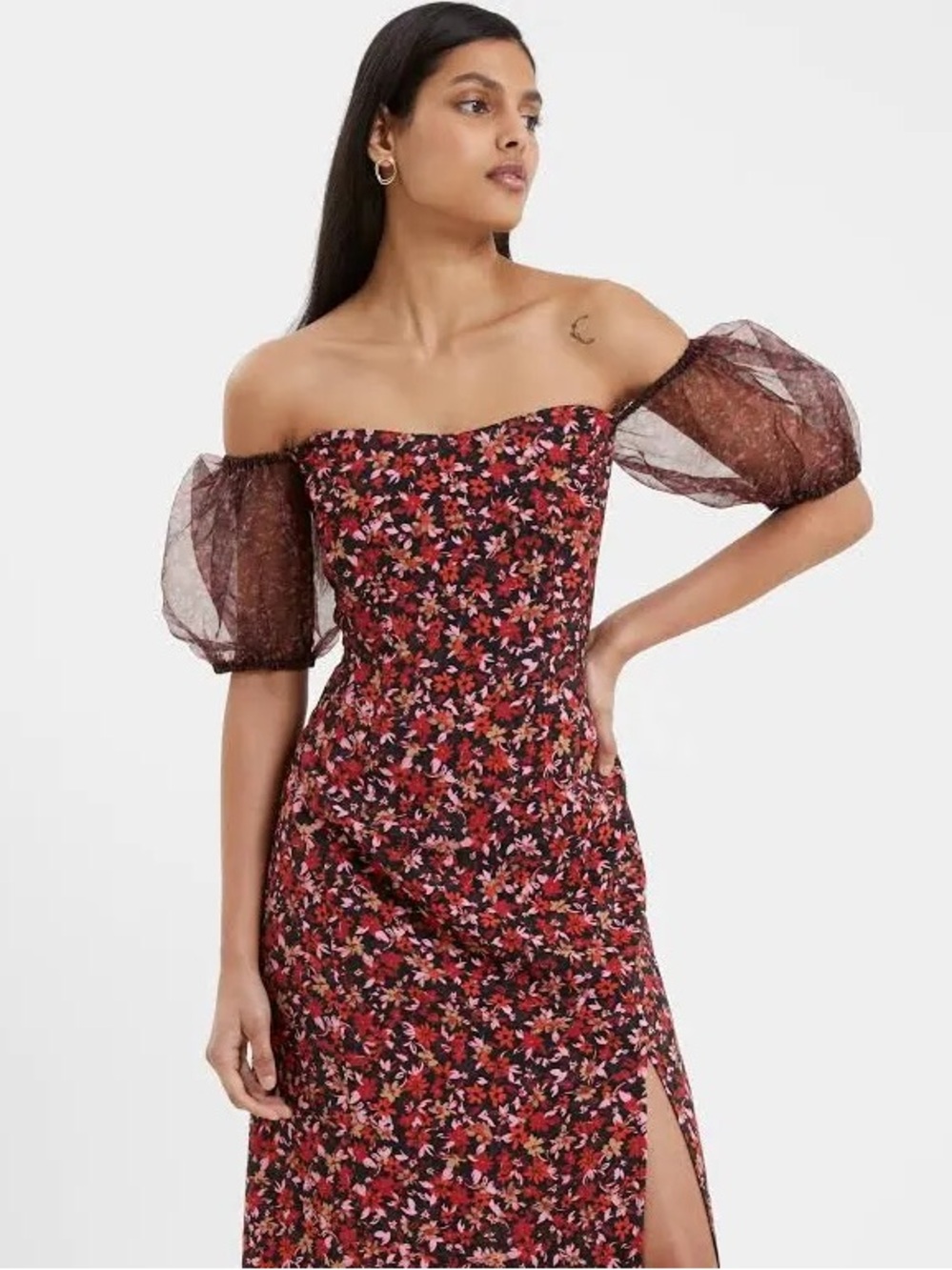 French Connection Red and Black One-Shoulder Floral Dress